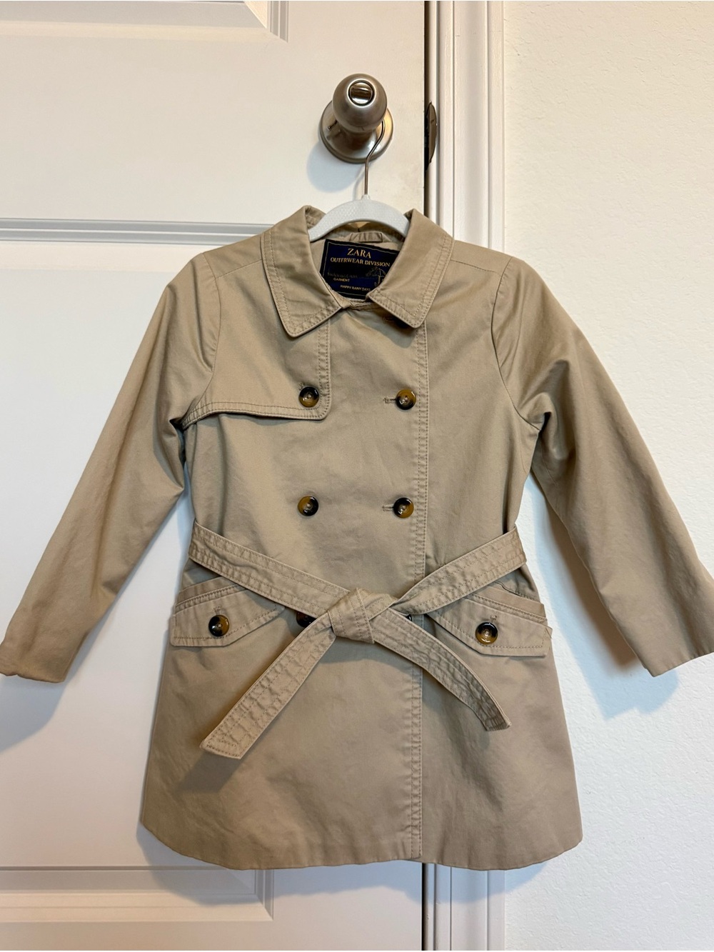 Zara Girls' (5 y/o) Beige Double-Breasted Water Repellent Trench Coat with Belt